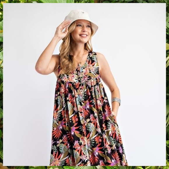 EASEL "Tropical Vibes" Lightweight & Oversized V-Neck Sleeveless Romper Jumpsuit - Picture 14 of 16